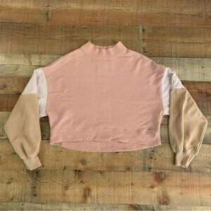 Hollisterwomens sz small oversized pink white tan crew neck pullover sweatshirt